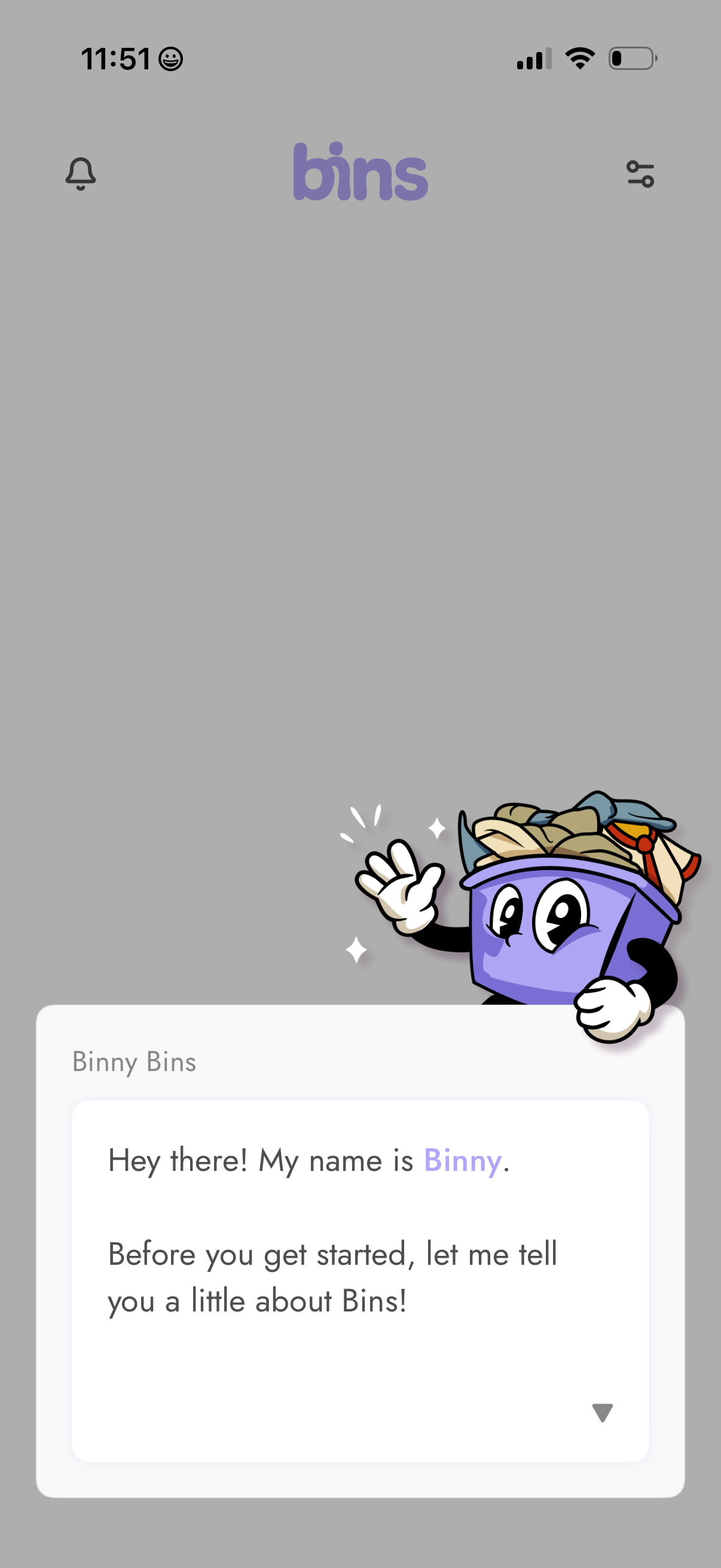bins onboarding screenshot